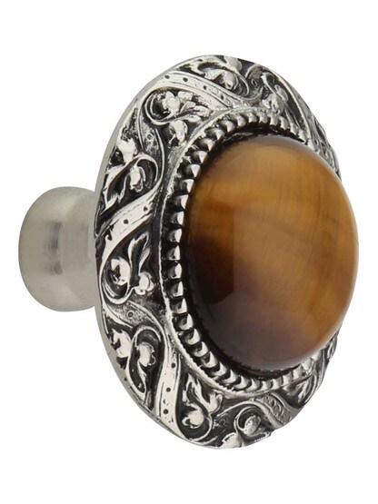 Victorian Cabinet Knob Inset with Tiger Eye - 1 5/16 inch Diameter in Brite Nickel.